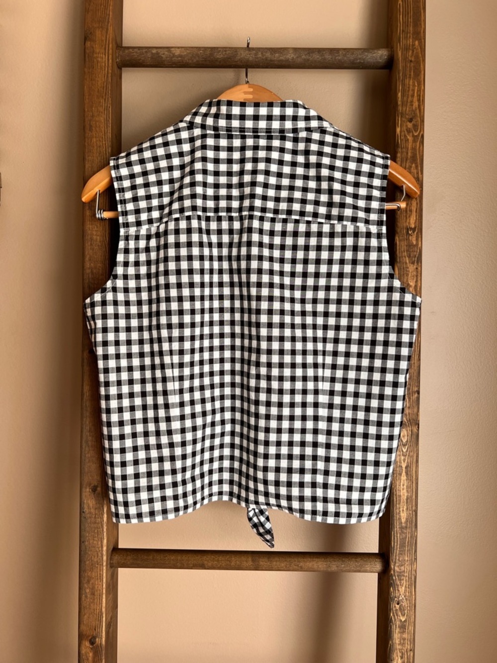 Ralph Lauren Sleeveless Gingham Tie-Front Shirt - Black & White - Picture 2 of 7